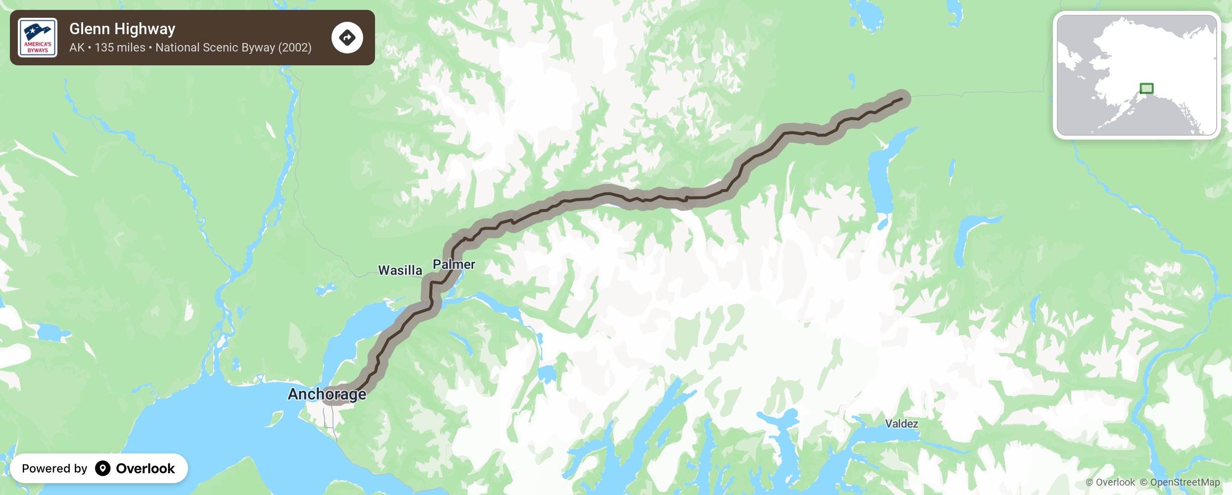 Map of Glenn Highway - scenic route