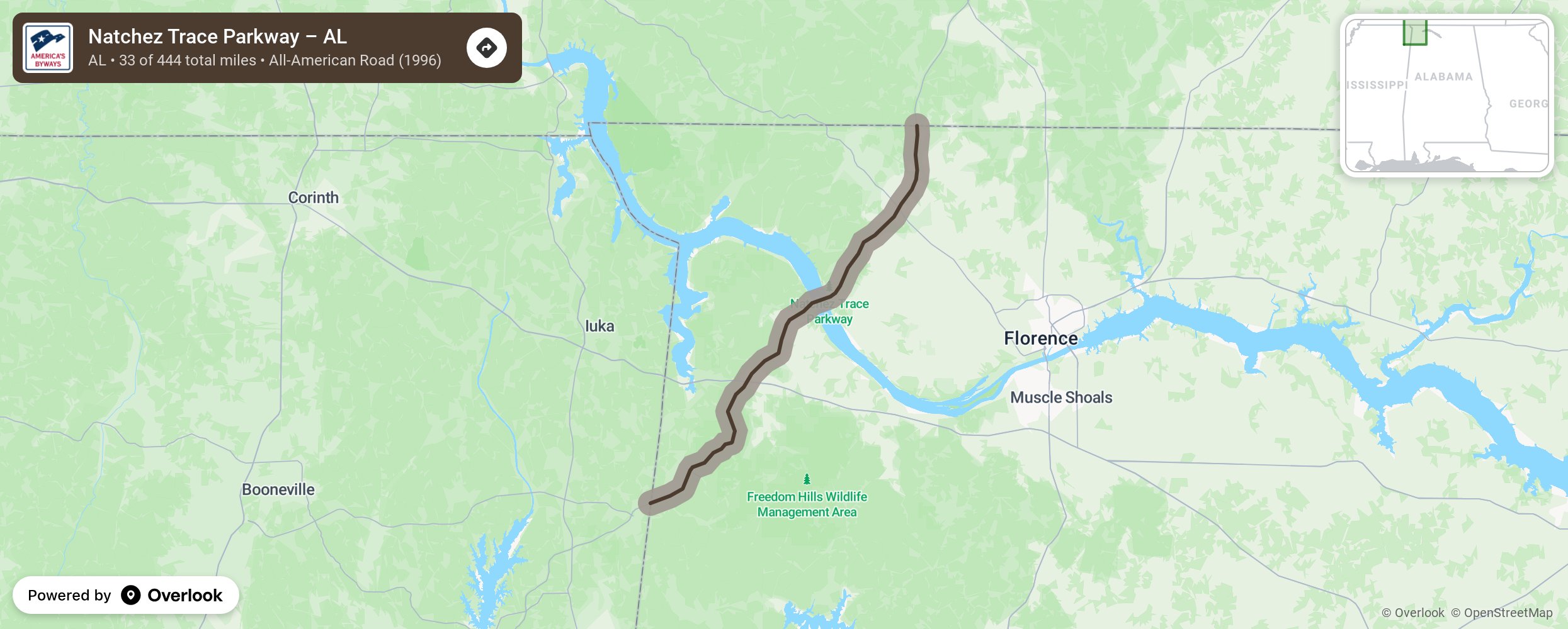 Map of Natchez Trace Parkway – AL - scenic route