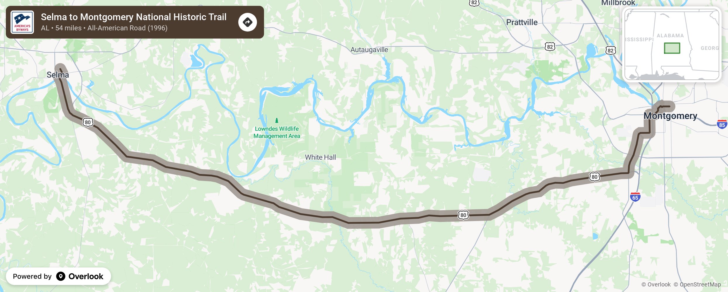 Map of Selma to Montgomery National Historic Trail - scenic route