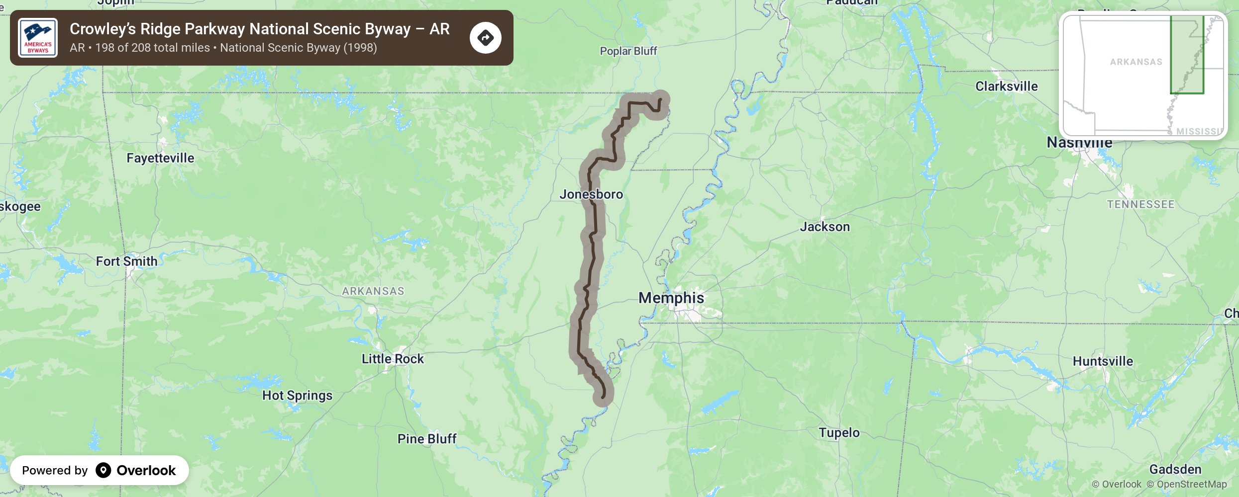 Map of Crowley’s Ridge Parkway National Scenic Byway – AR - scenic route