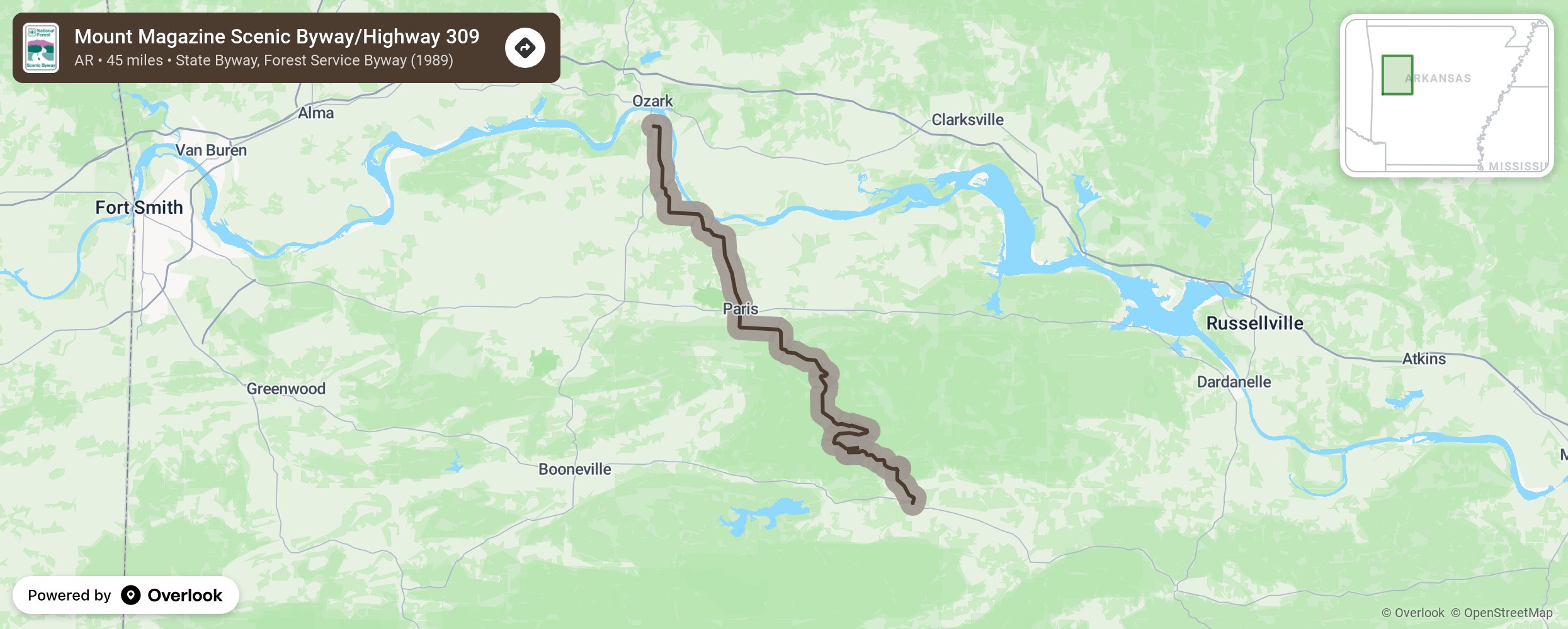 Map of Mount Magazine Scenic Byway/Highway 309 - scenic route