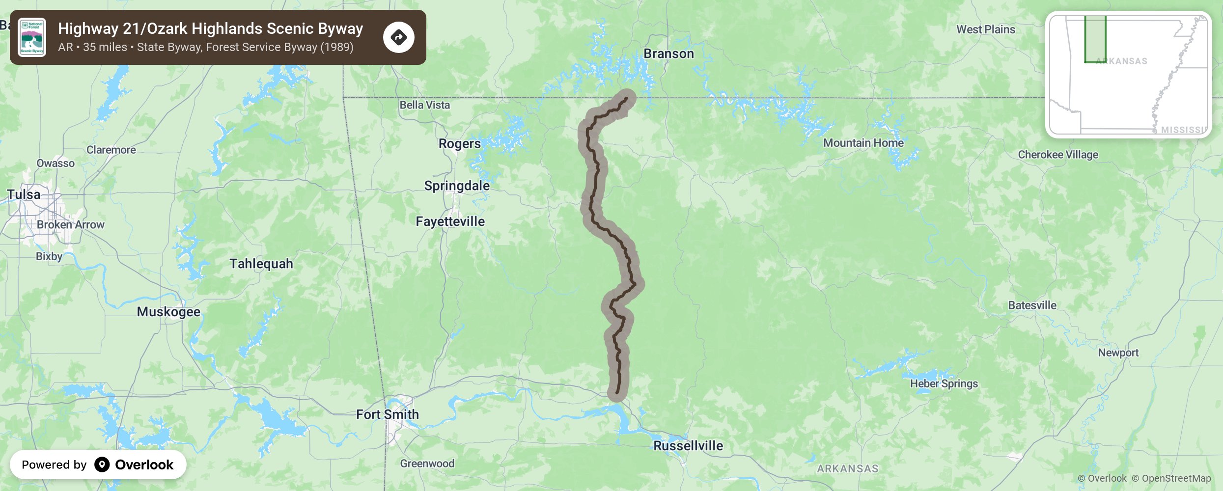 Map of Highway 21/Ozark Highlands Scenic Byway - scenic route