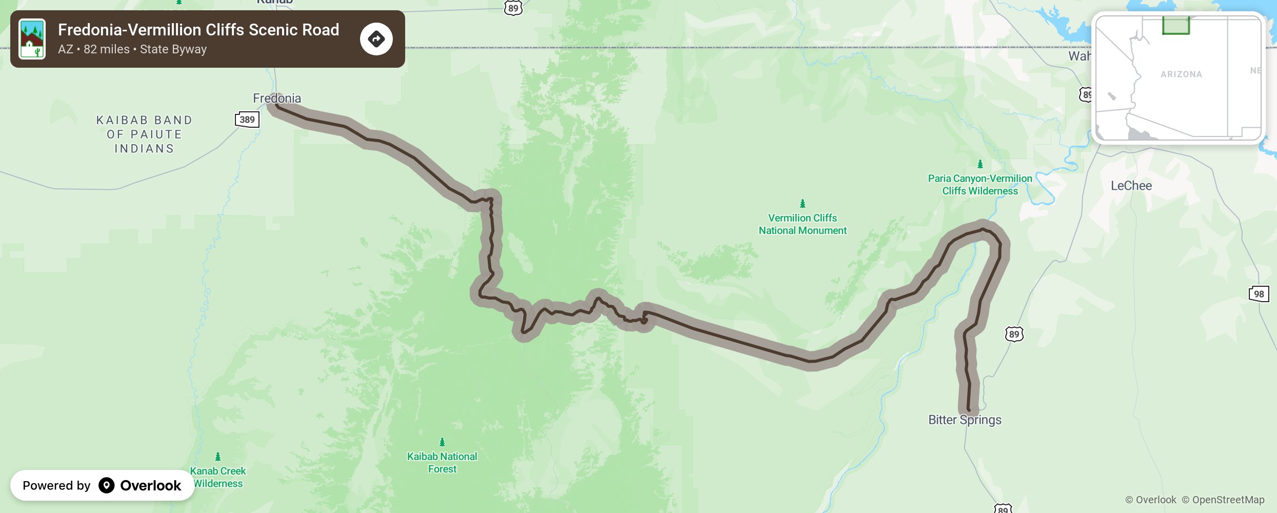 Map of Fredonia-Vermillion Cliffs Scenic Road - scenic route