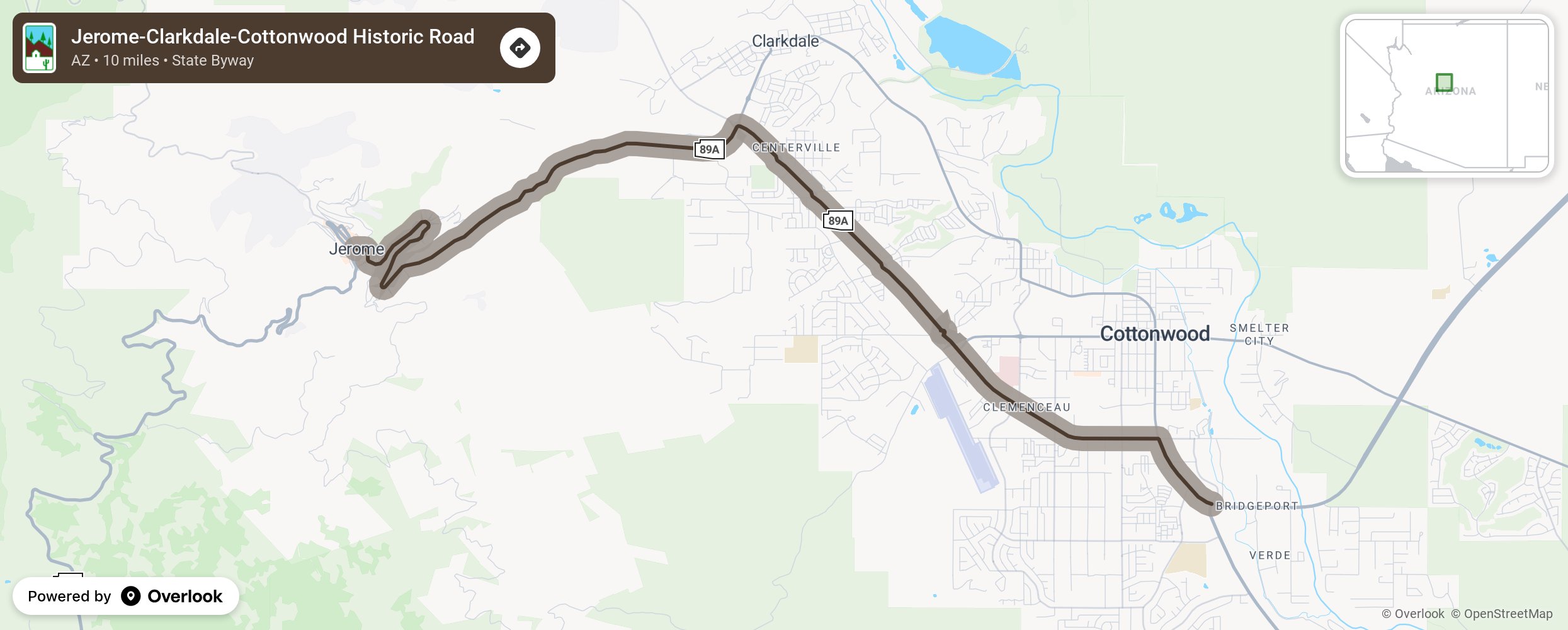 Map of Jerome-Clarkdale-Cottonwood Historic Road - scenic route