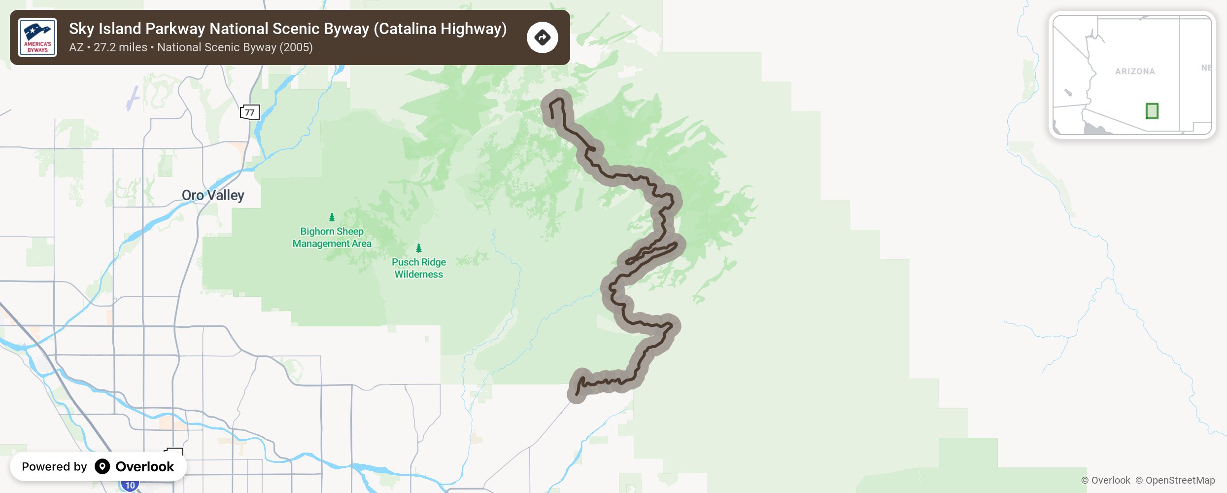 Map of Sky Island Parkway National Scenic Byway (Catalina Highway) - scenic route