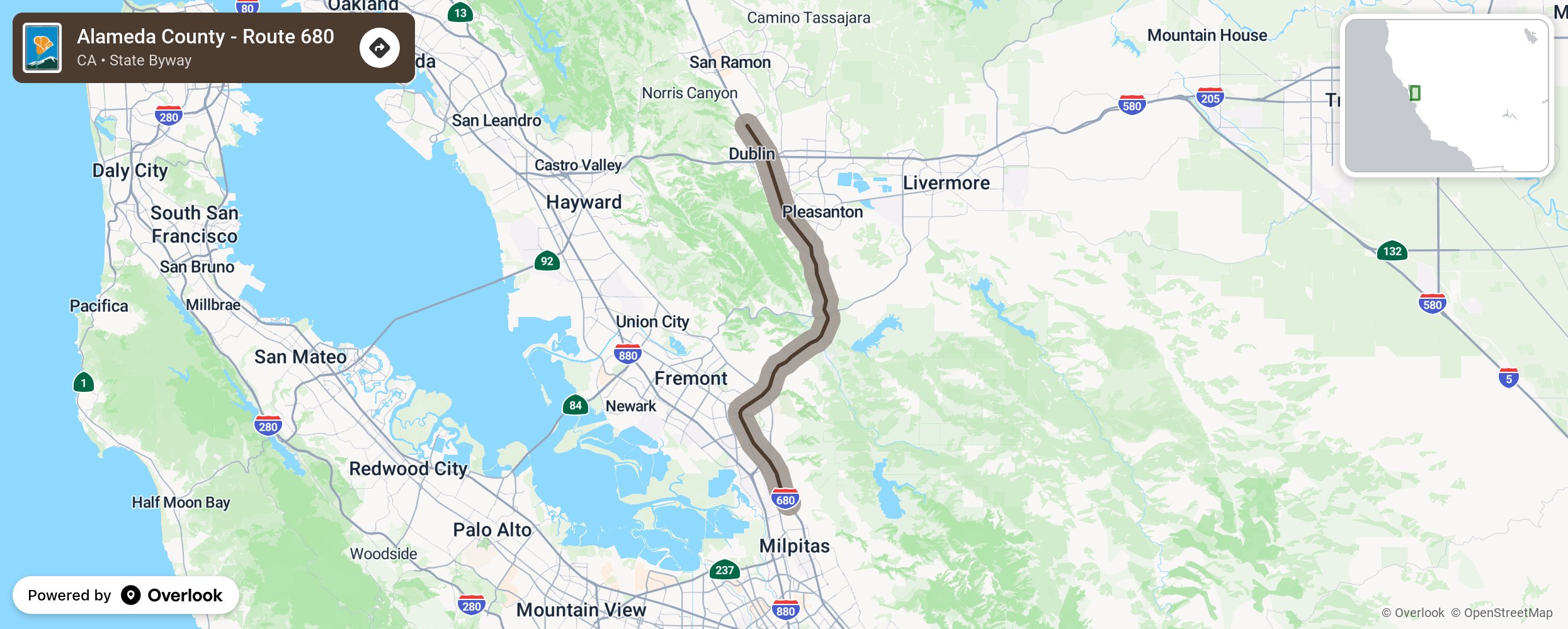 Map of Alameda County - Route 680 - scenic route