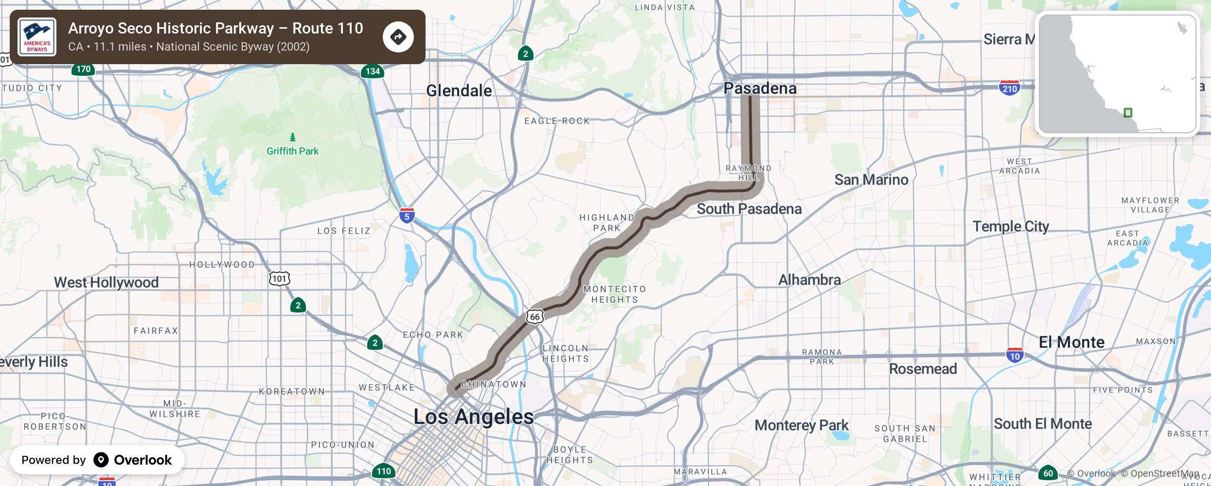 Map of Arroyo Seco Historic Parkway – Route 110 - scenic route