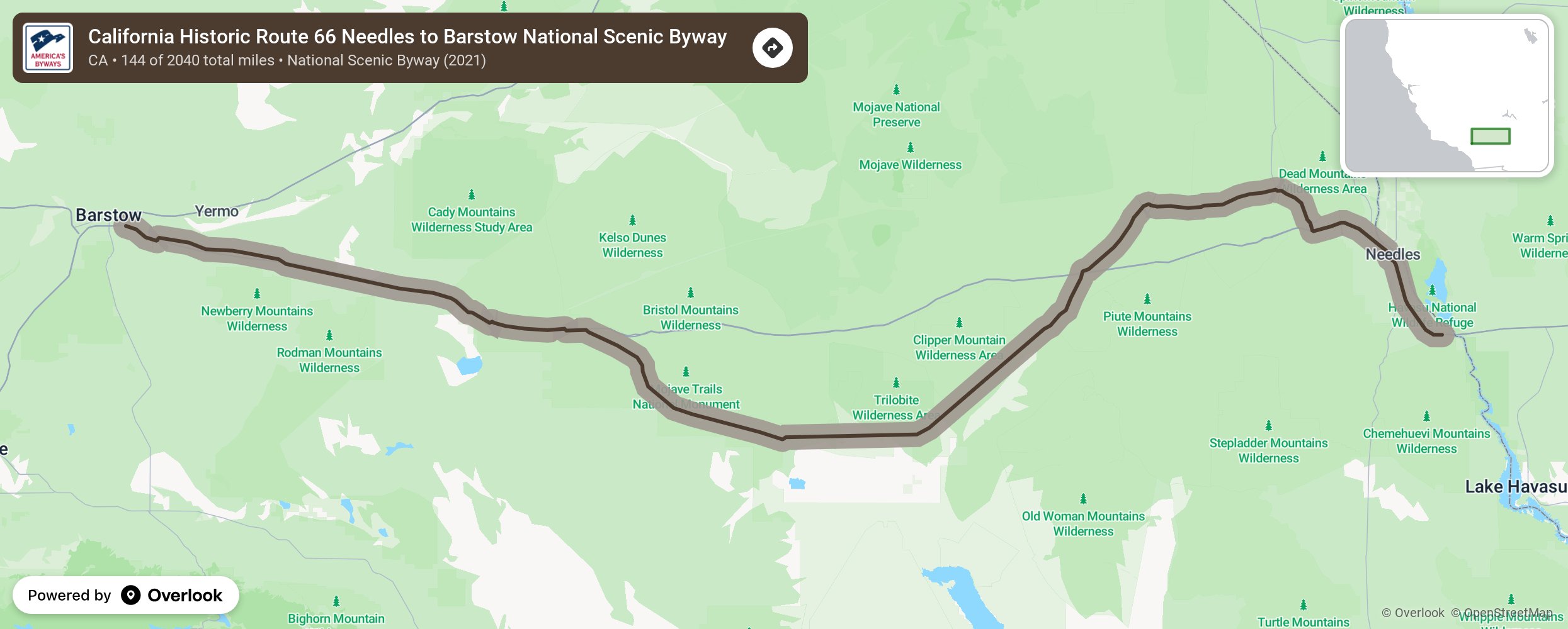 Map of California Historic Route 66 Needles to Barstow National Scenic Byway - scenic route