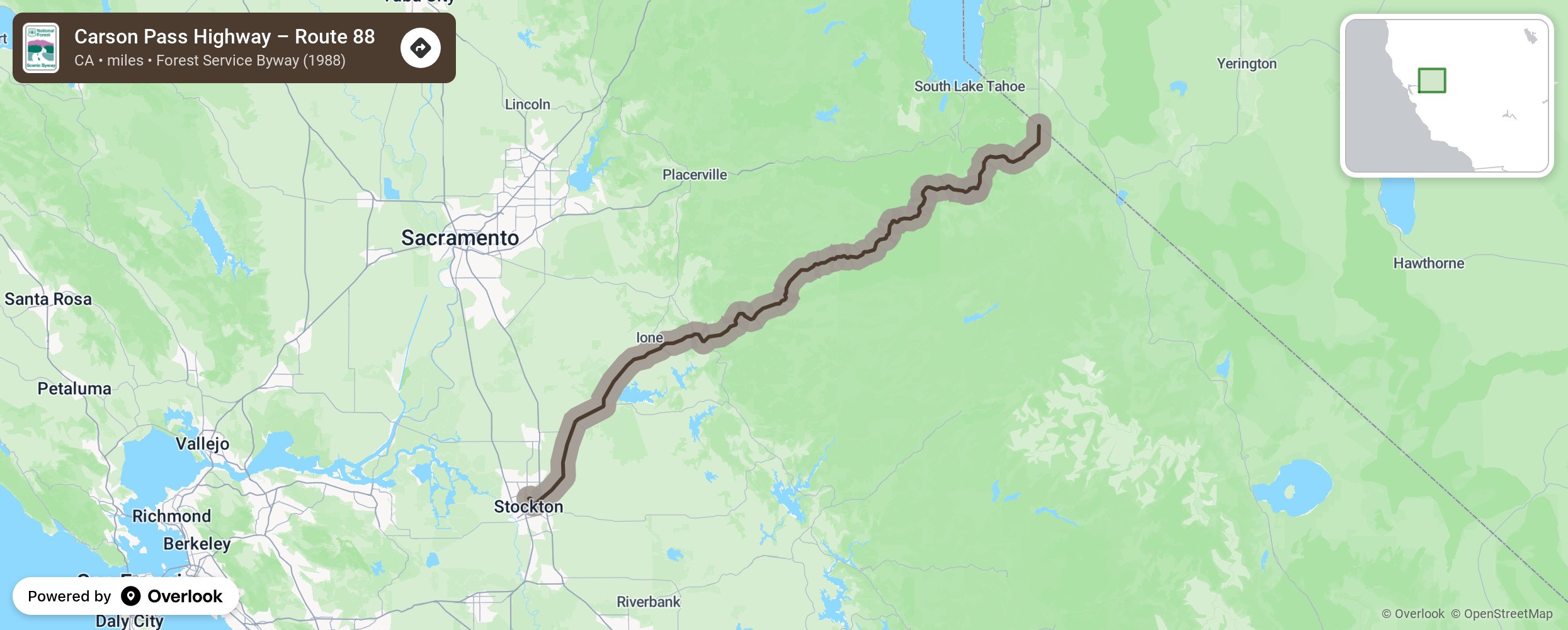 Map of Carson Pass Highway – Route 88 - scenic route