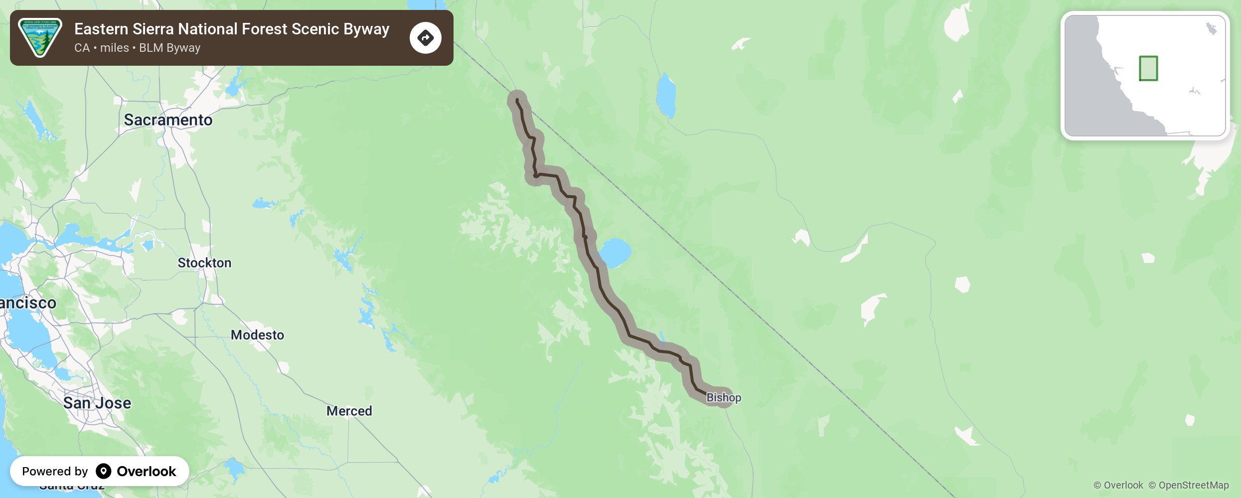 Map of Eastern Sierra National Forest Scenic Byway - scenic route