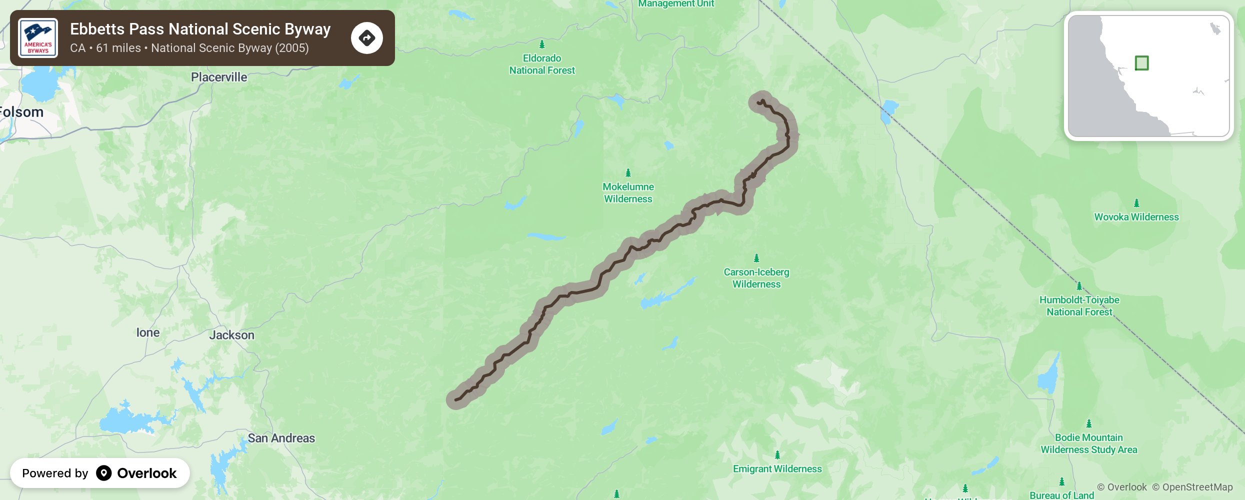 Map of Ebbetts Pass National Scenic Byway - scenic route