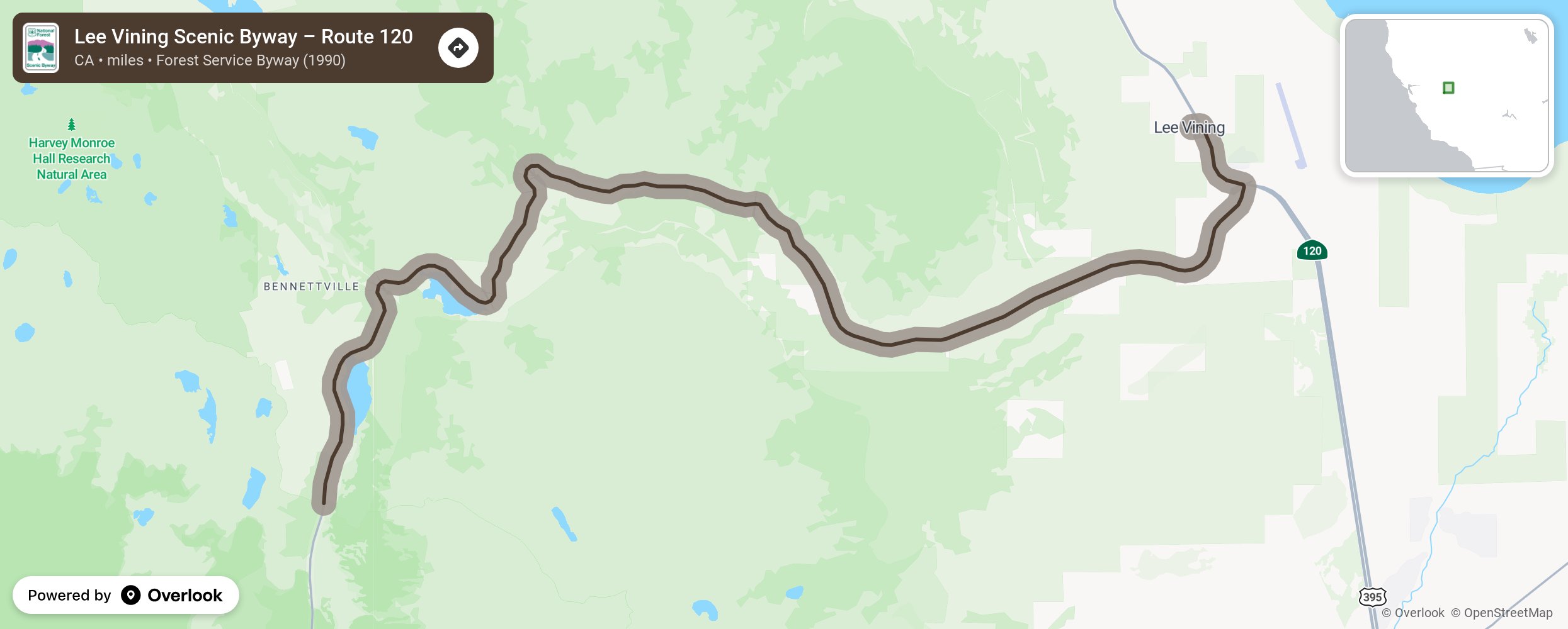 Map of Lee Vining Scenic Byway – Route 120 - scenic route