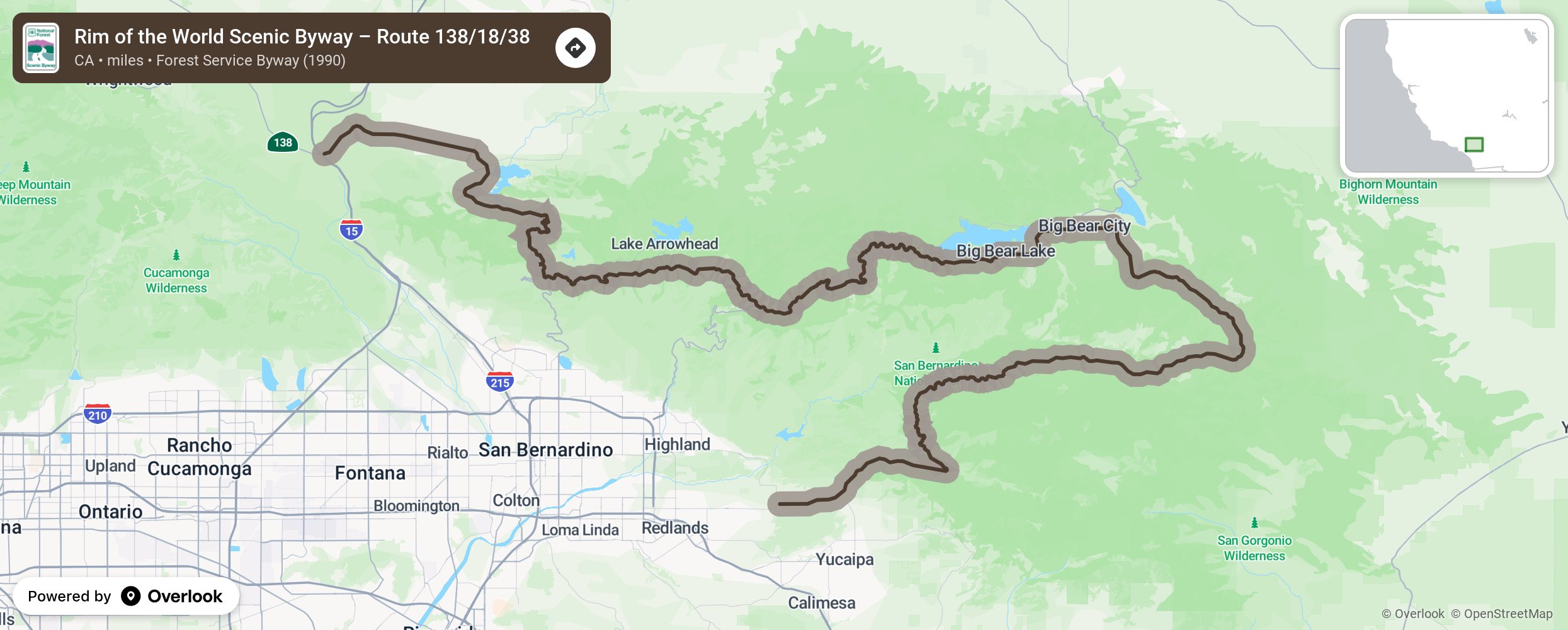 Map of Rim of the World Scenic Byway – Route 138/18/38 - scenic route