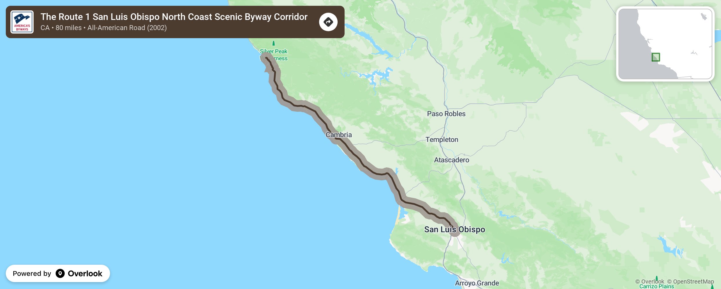 Map of The Route 1 San Luis Obispo North Coast Scenic Byway Corridor - scenic route