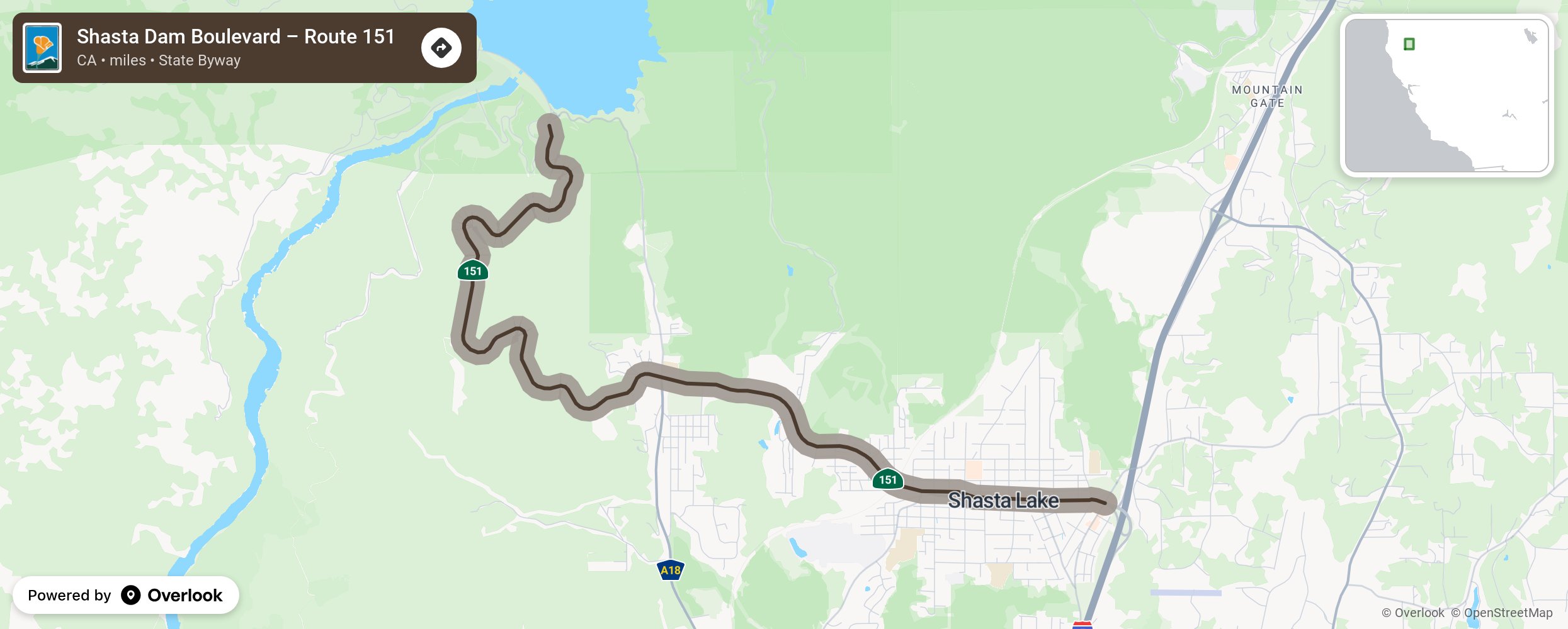 Map of Shasta Dam Boulevard – Route 151 - scenic route