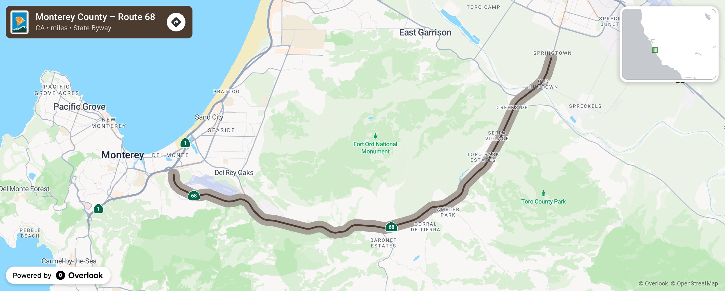 Map of Monterey County – Route 68 - scenic route