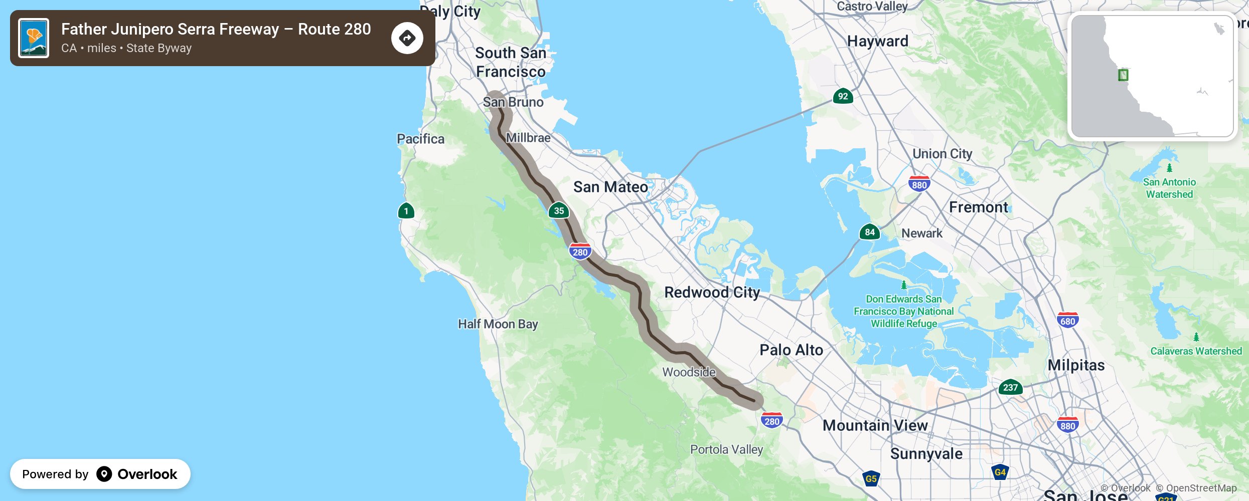 Map of Father Junipero Serra Freeway – Route 280 - scenic route