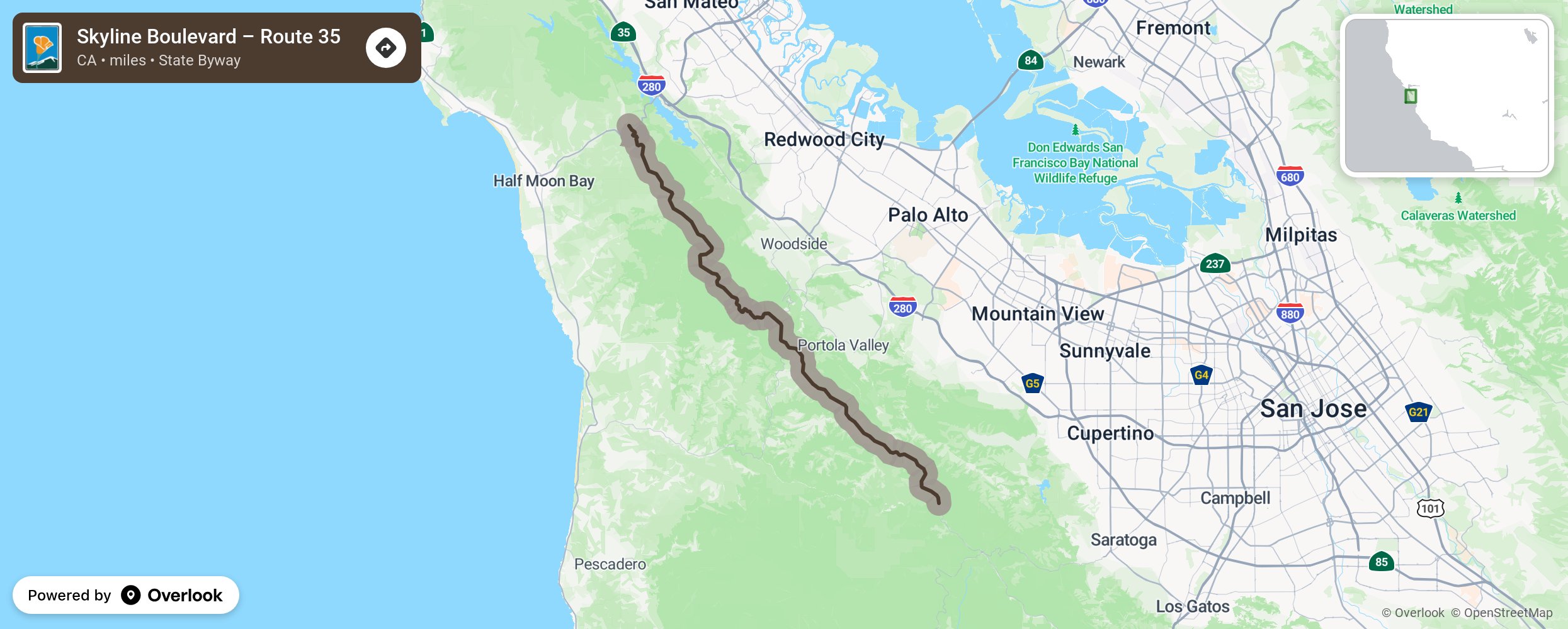 Map of Skyline Boulevard – Route 35 - scenic route