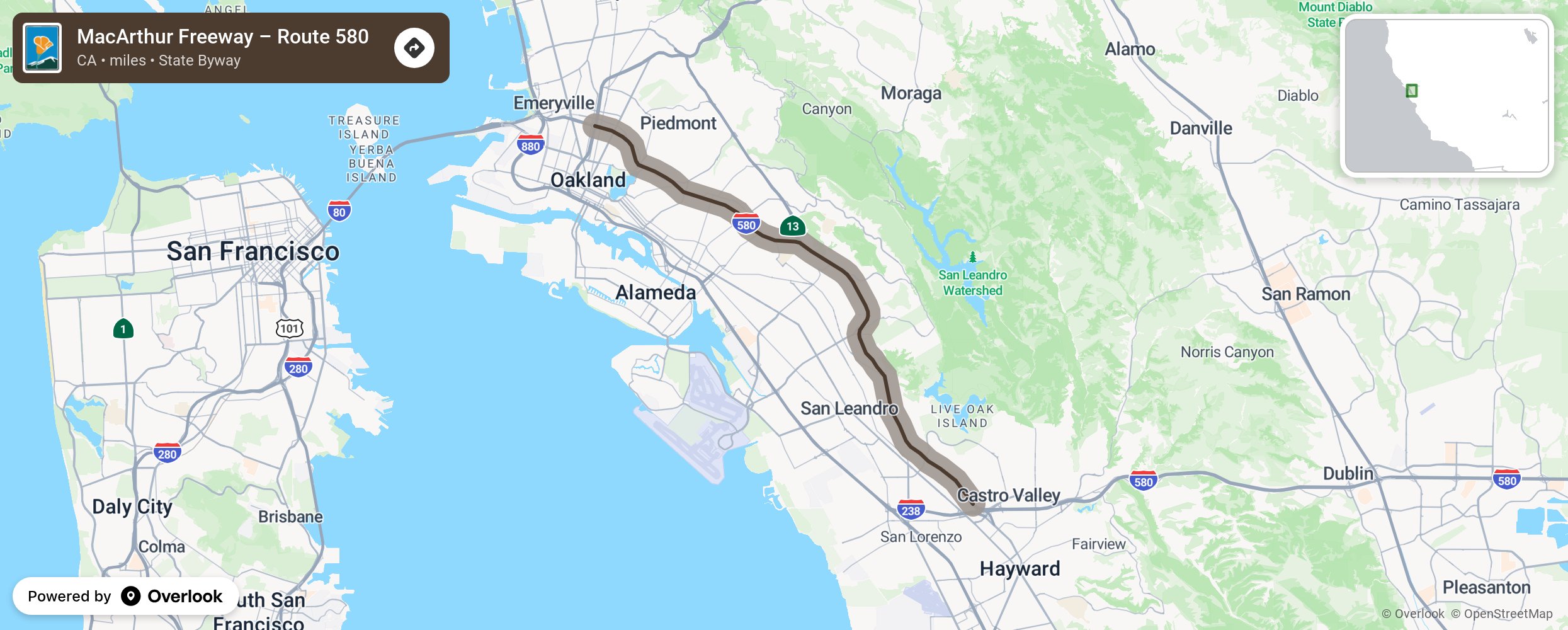 Map of MacArthur Freeway – Route 580 - scenic route