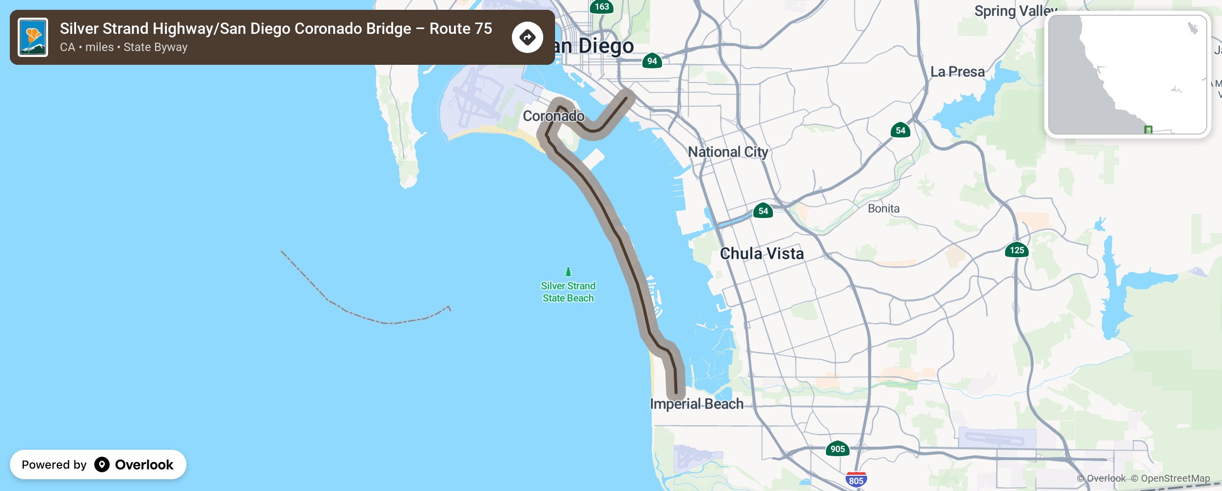 Map of Silver Strand Highway/San Diego Coronado Bridge – Route 75 - scenic route