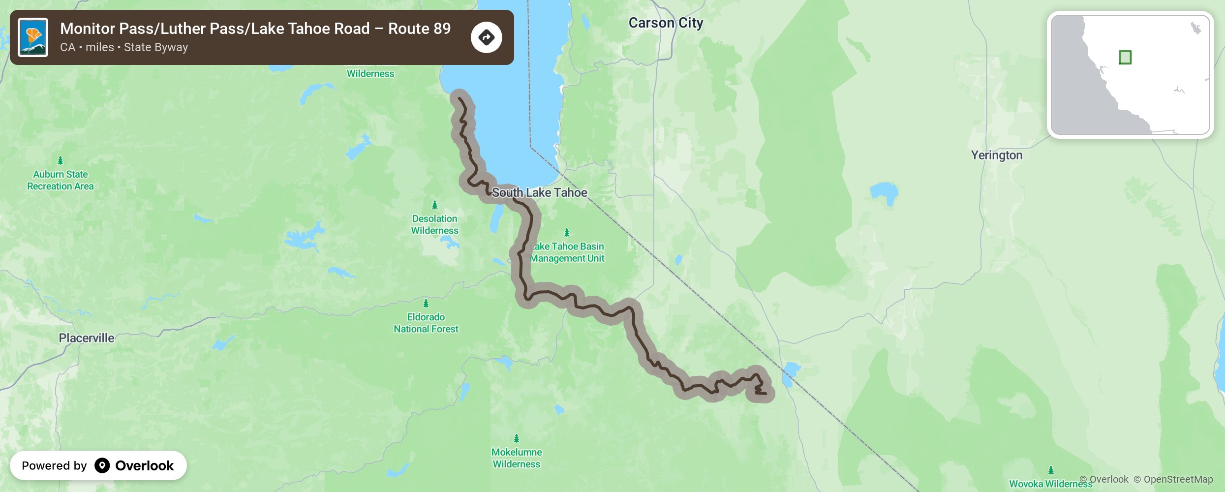 Map of Monitor Pass/Luther Pass/Lake Tahoe Road – Route 89 - scenic route