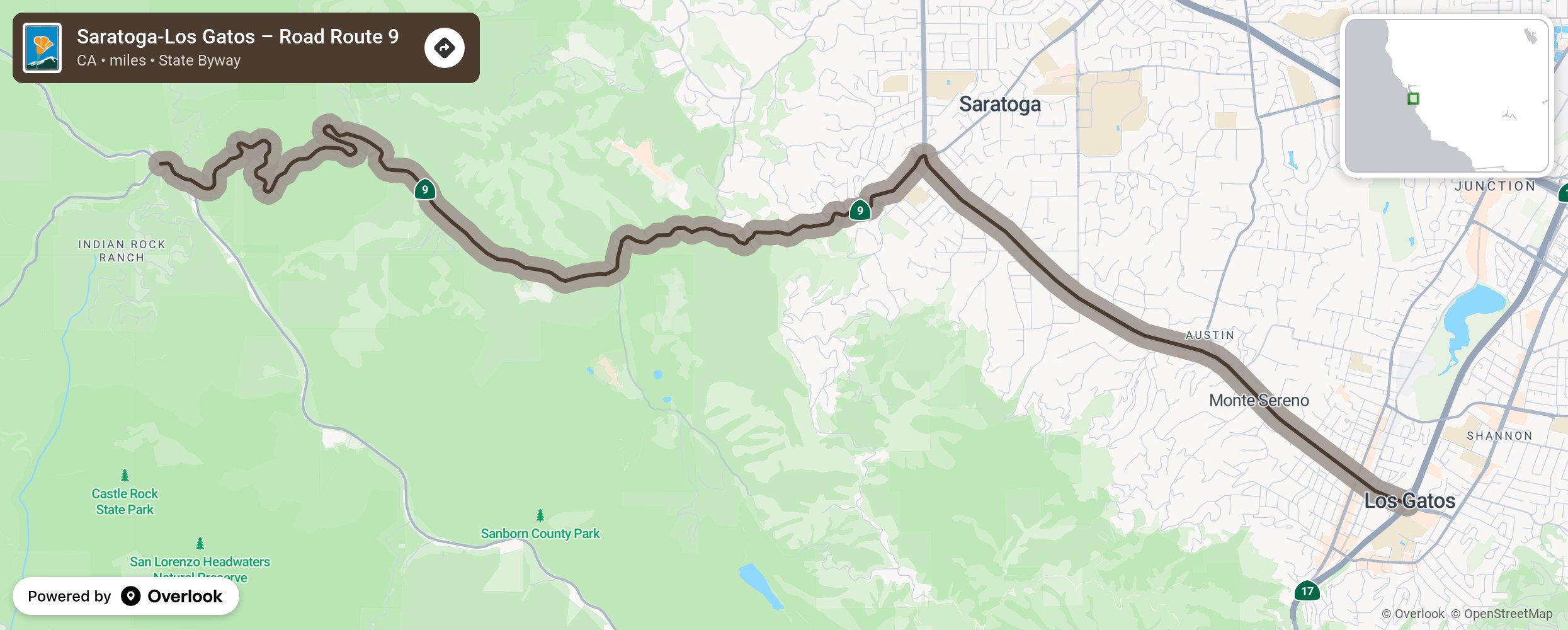 Map of Saratoga-Los Gatos – Road Route 9 - scenic route