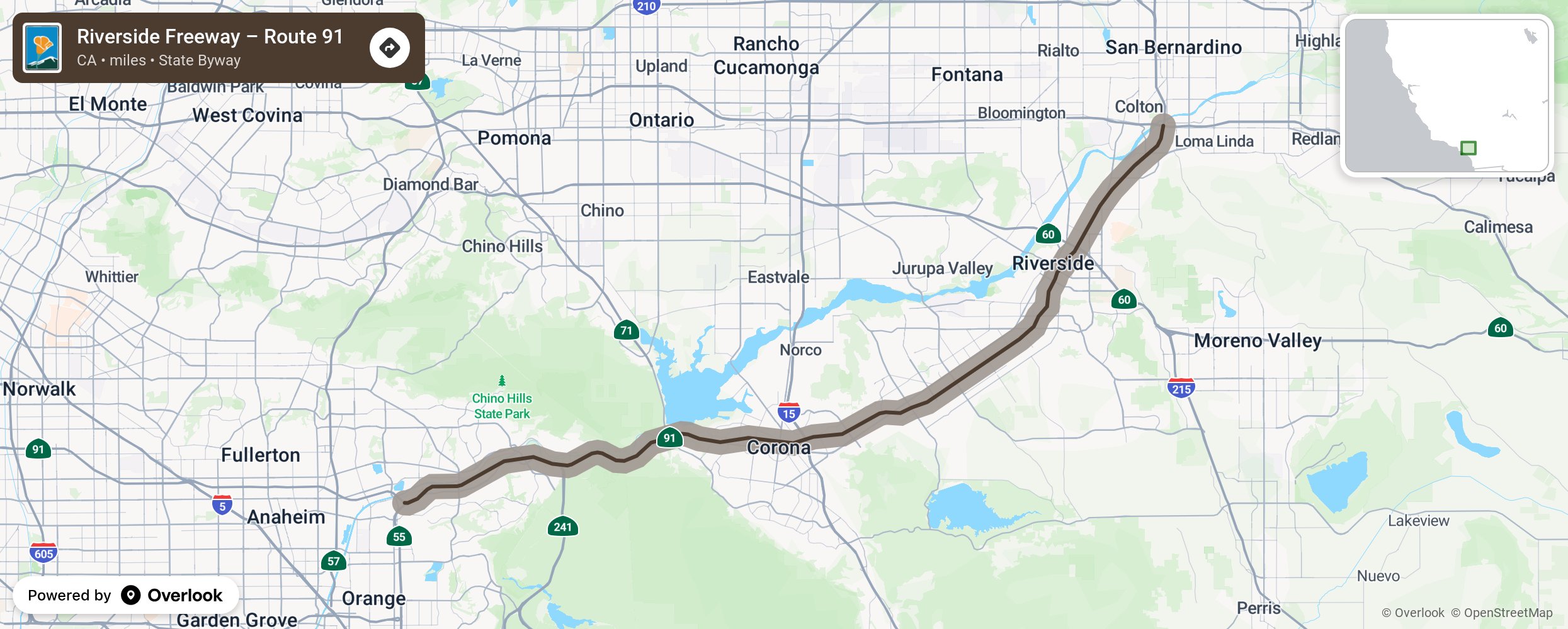 Map of Riverside Freeway – Route 91 - scenic route