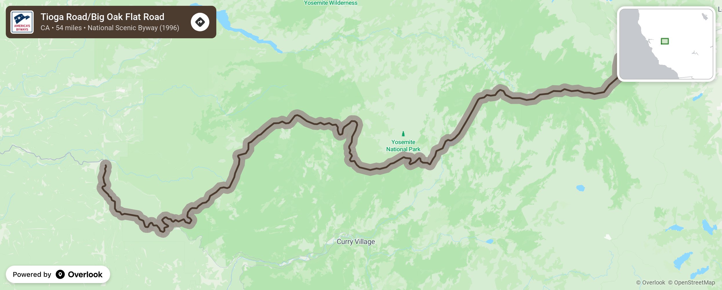 Map of Tioga Road/Big Oak Flat Road - scenic route