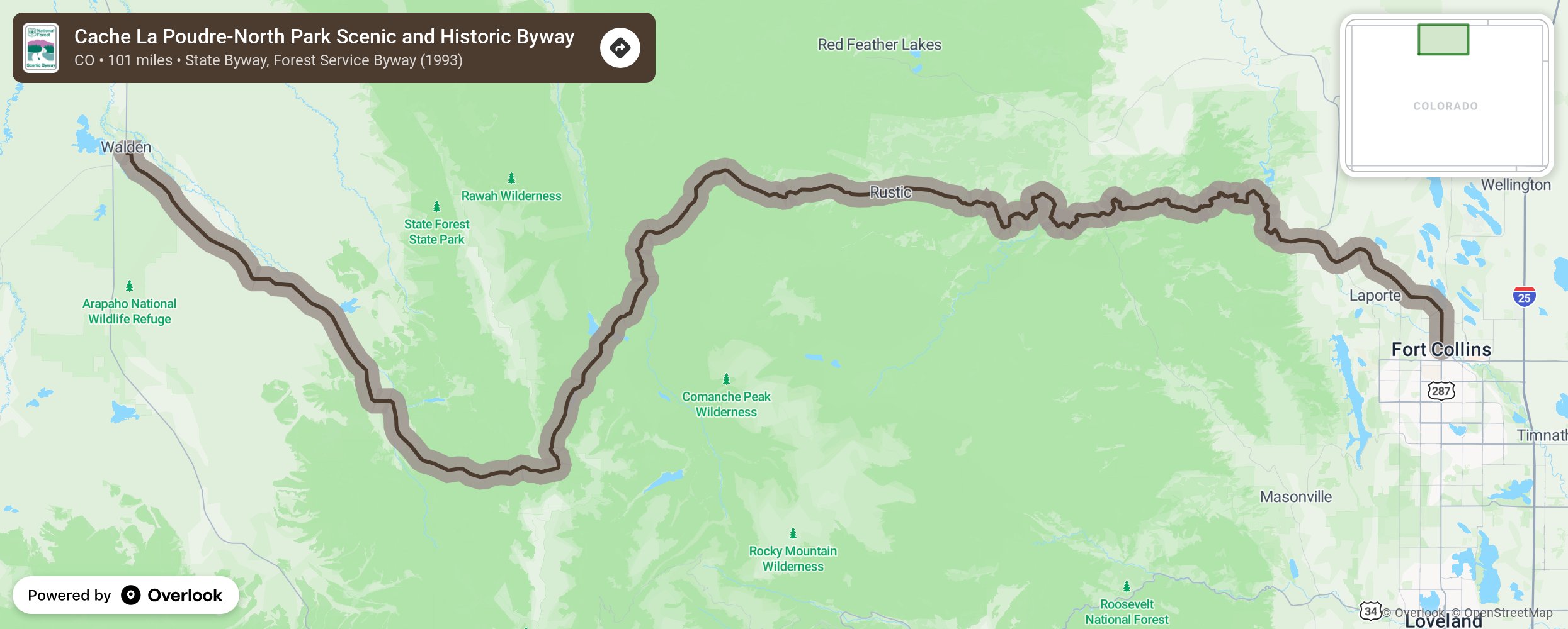 Map of Cache La Poudre-North Park Scenic and Historic Byway - scenic route