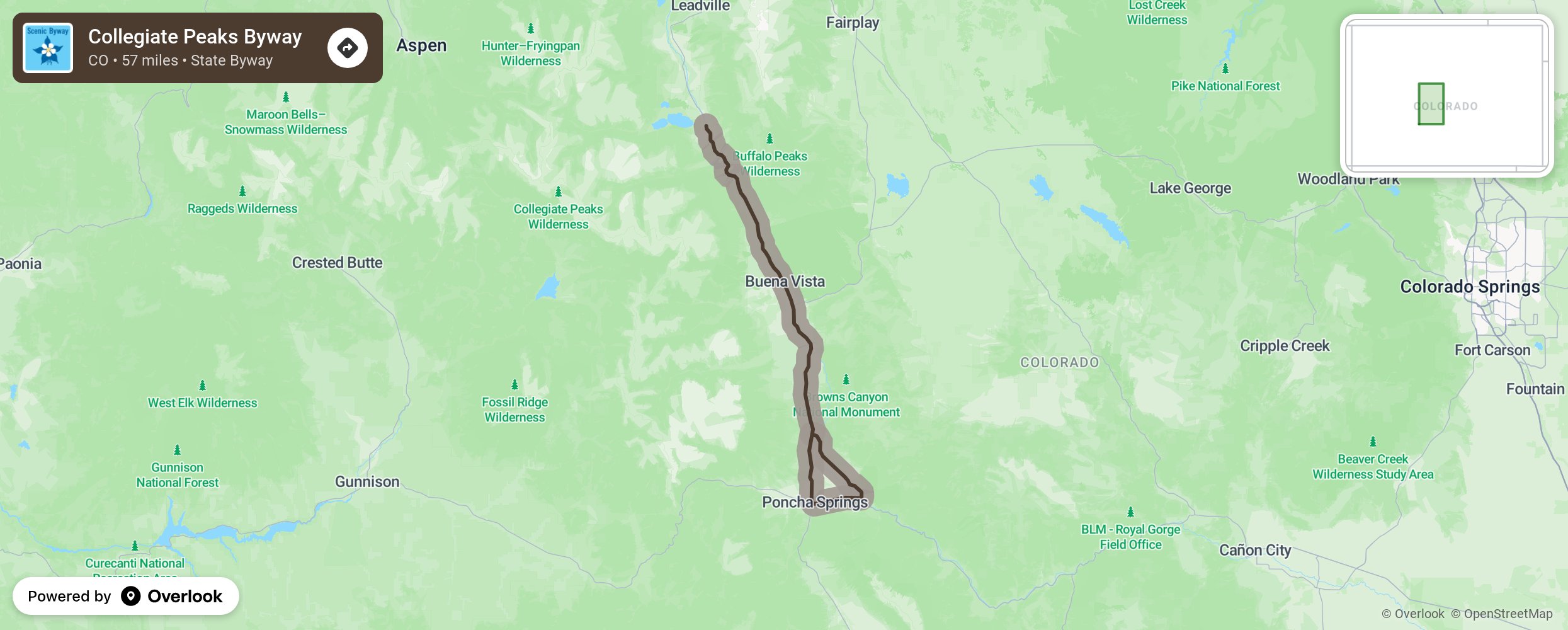 Map of Collegiate Peaks Byway - scenic route