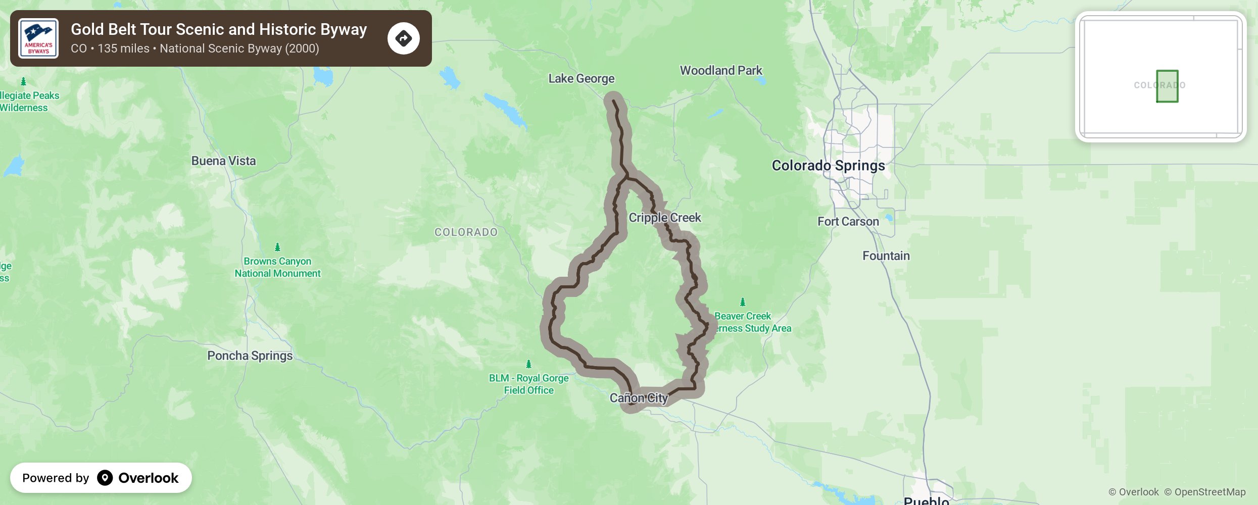 Map of Gold Belt Tour Scenic and Historic Byway - scenic route