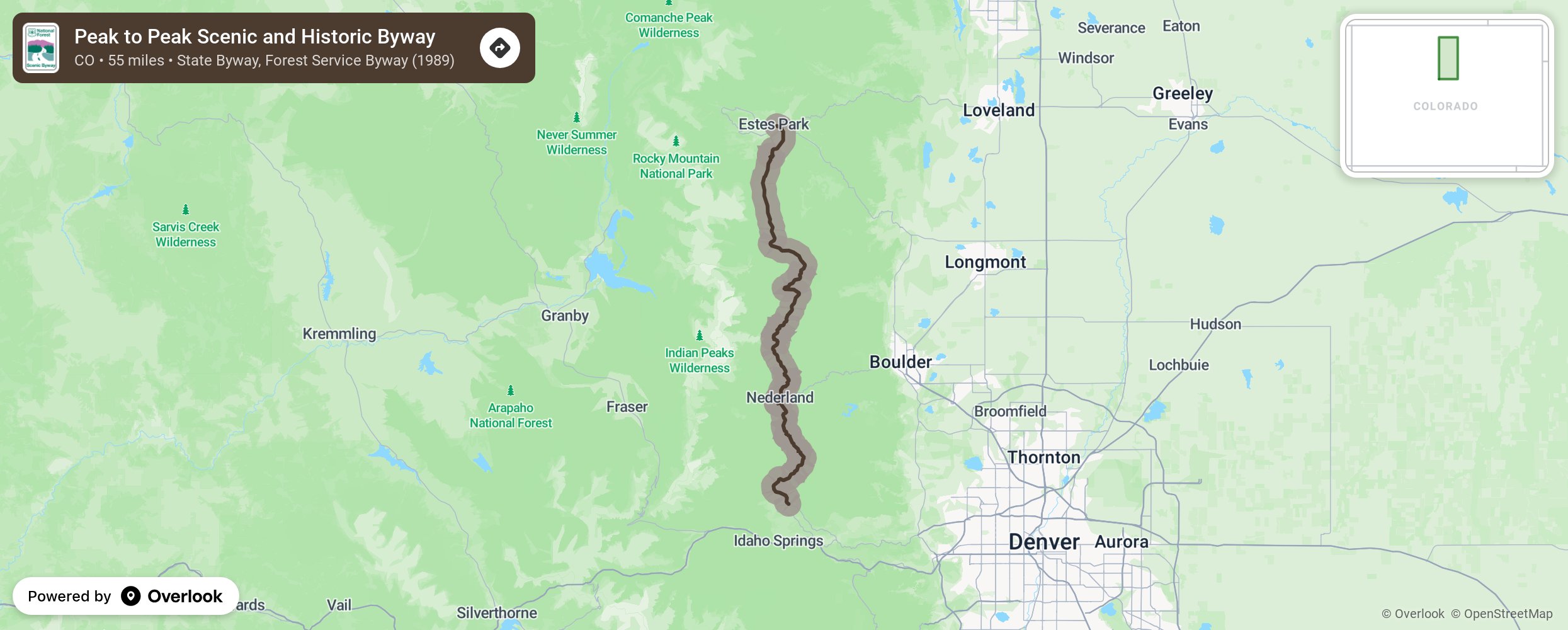 Map of Peak to Peak Scenic and Historic Byway - scenic route