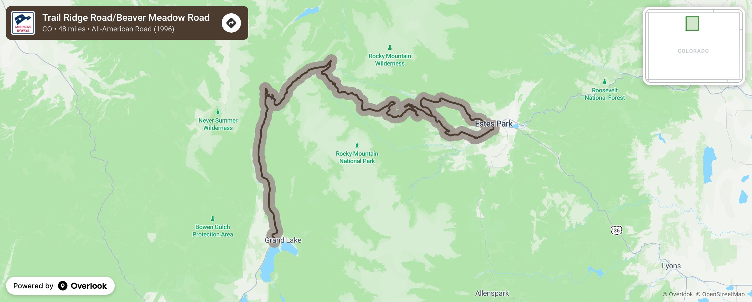 Map of Trail Ridge Road/Beaver Meadow Road - scenic route