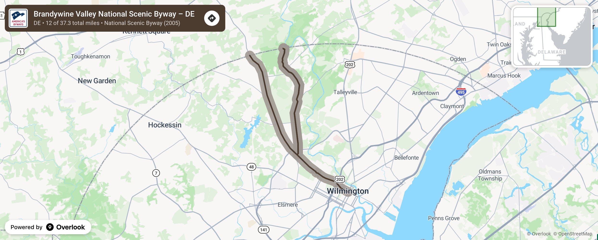 Map of Brandywine Valley National Scenic Byway – DE - scenic route