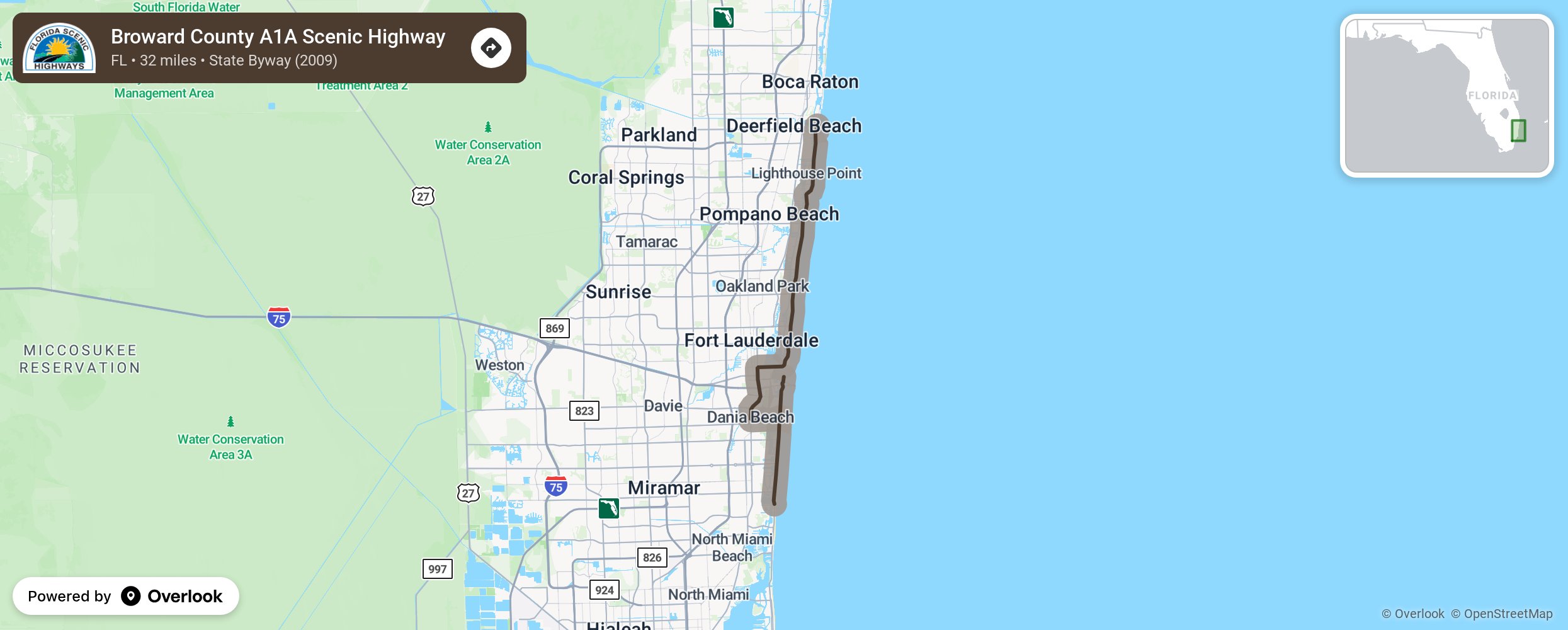 Map of Broward County A1A Scenic Highway - scenic route