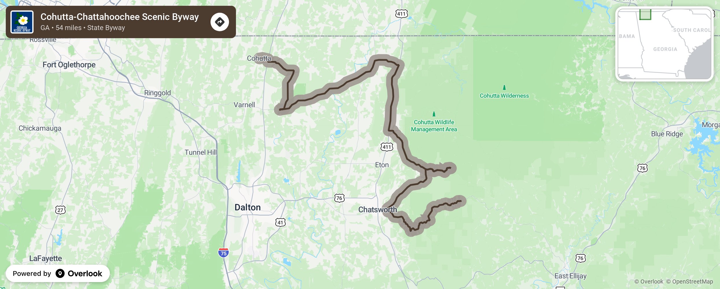 Map of Cohutta-Chattahoochee Scenic Byway - scenic route