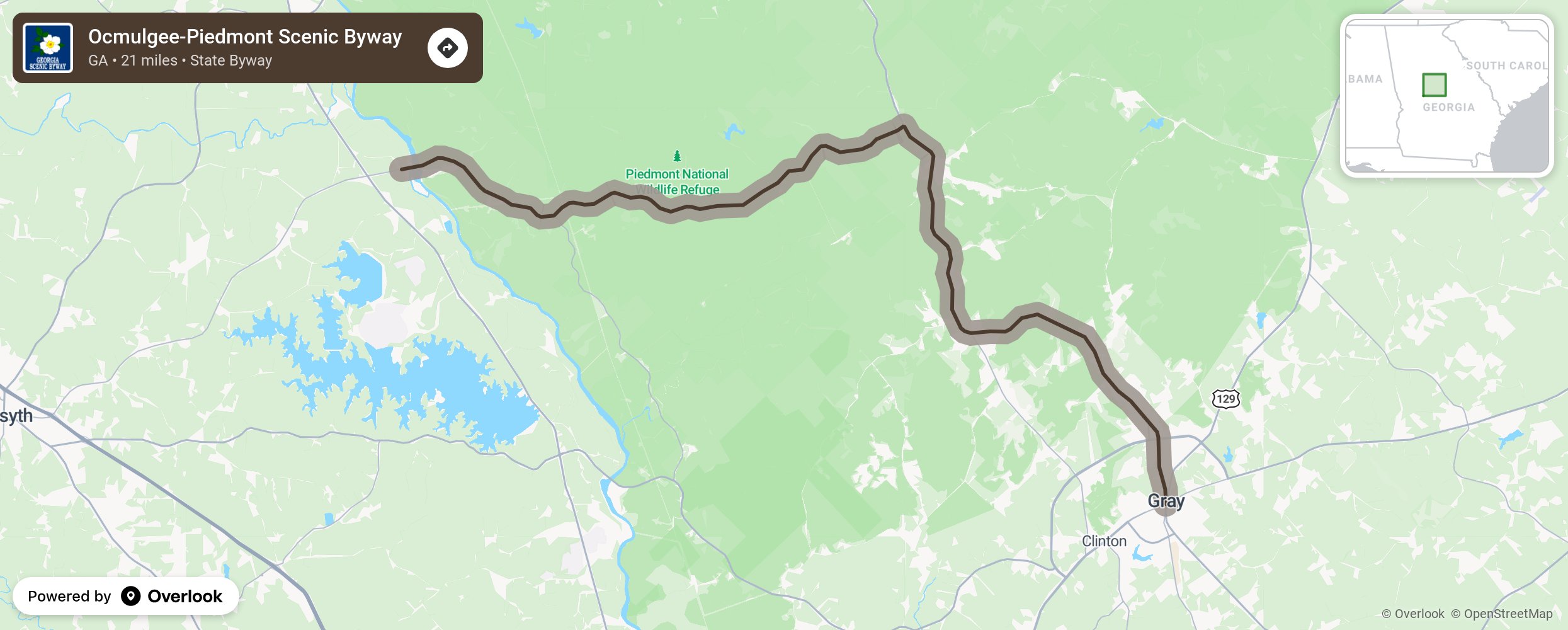 Map of Ocmulgee-Piedmont Scenic Byway - scenic route