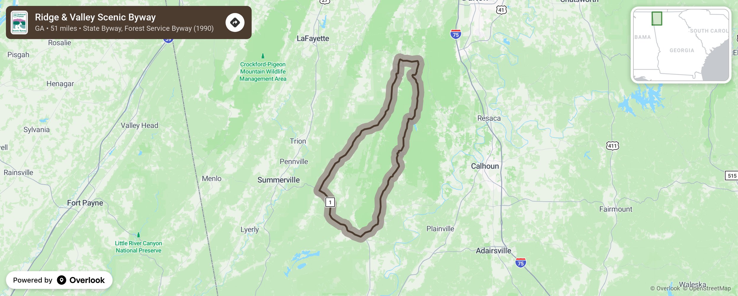 Map of Ridge & Valley Scenic Byway - scenic route