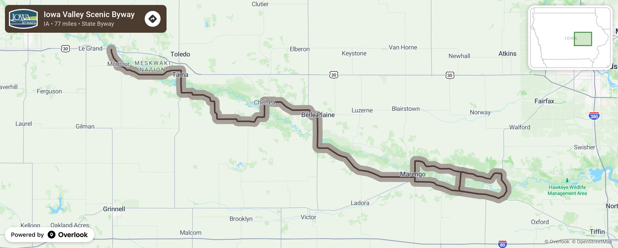 Map of Iowa Valley Scenic Byway - scenic route