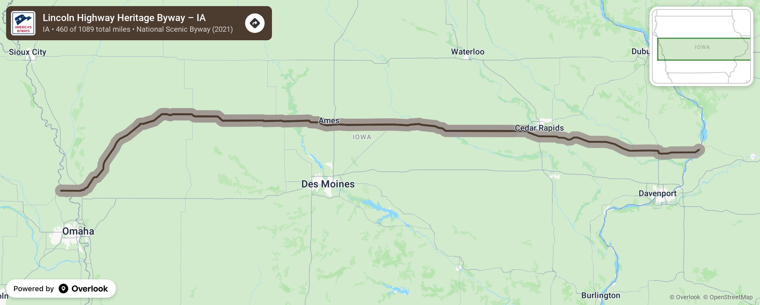 Map of Lincoln Highway Heritage Byway – IA - scenic route