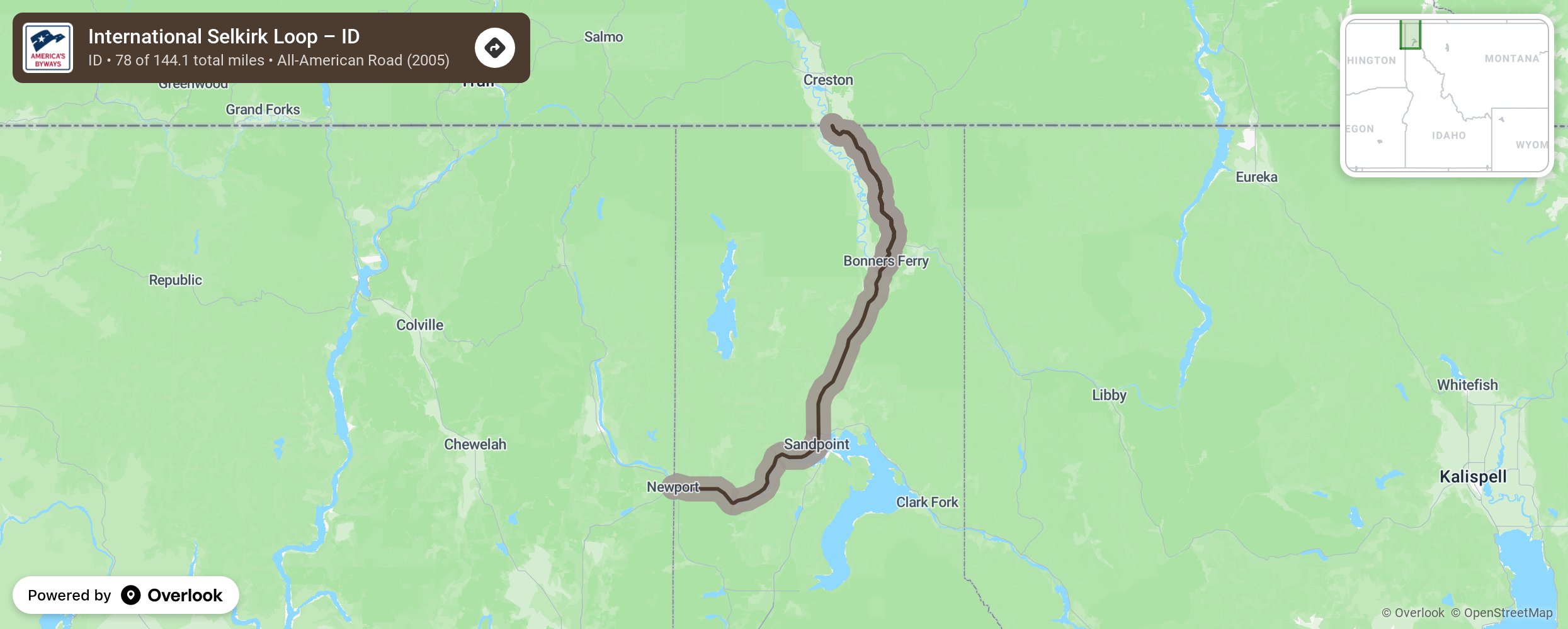 Map of International Selkirk Loop – ID - scenic route