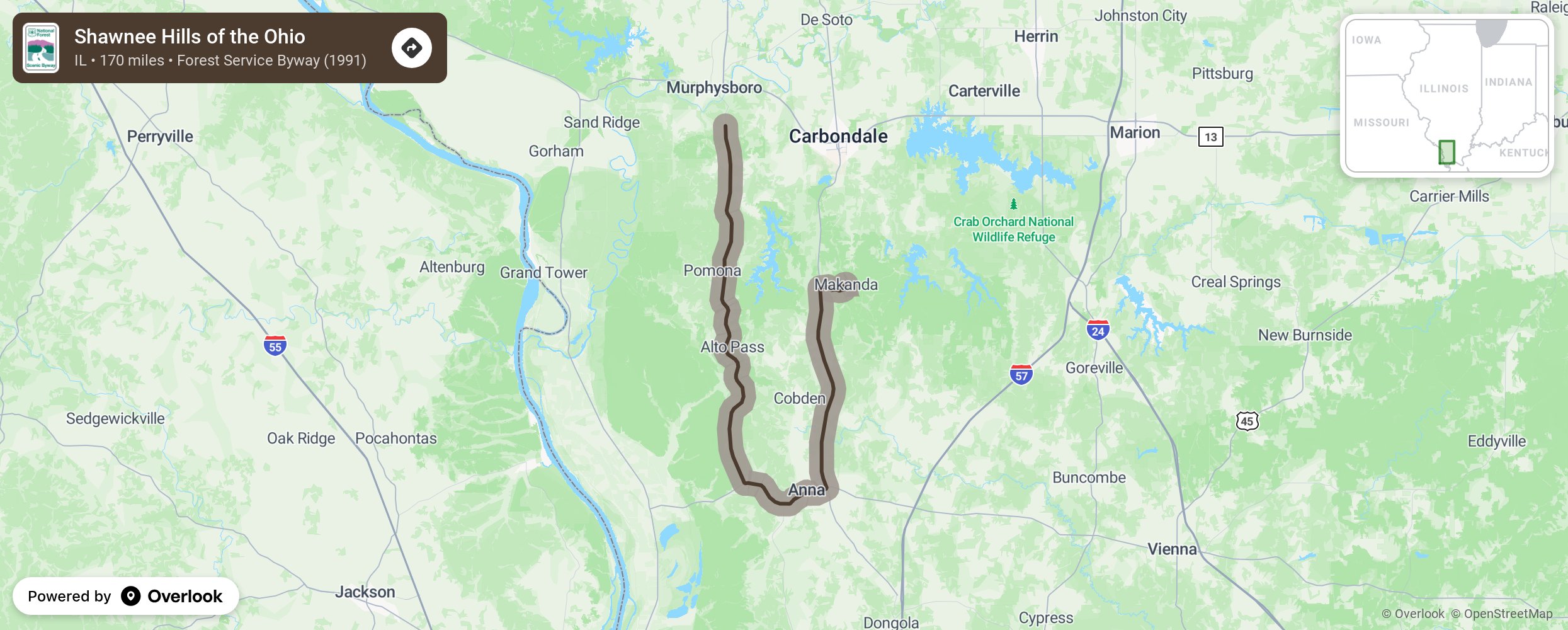 Map of Shawnee Hills of the Ohio - scenic route