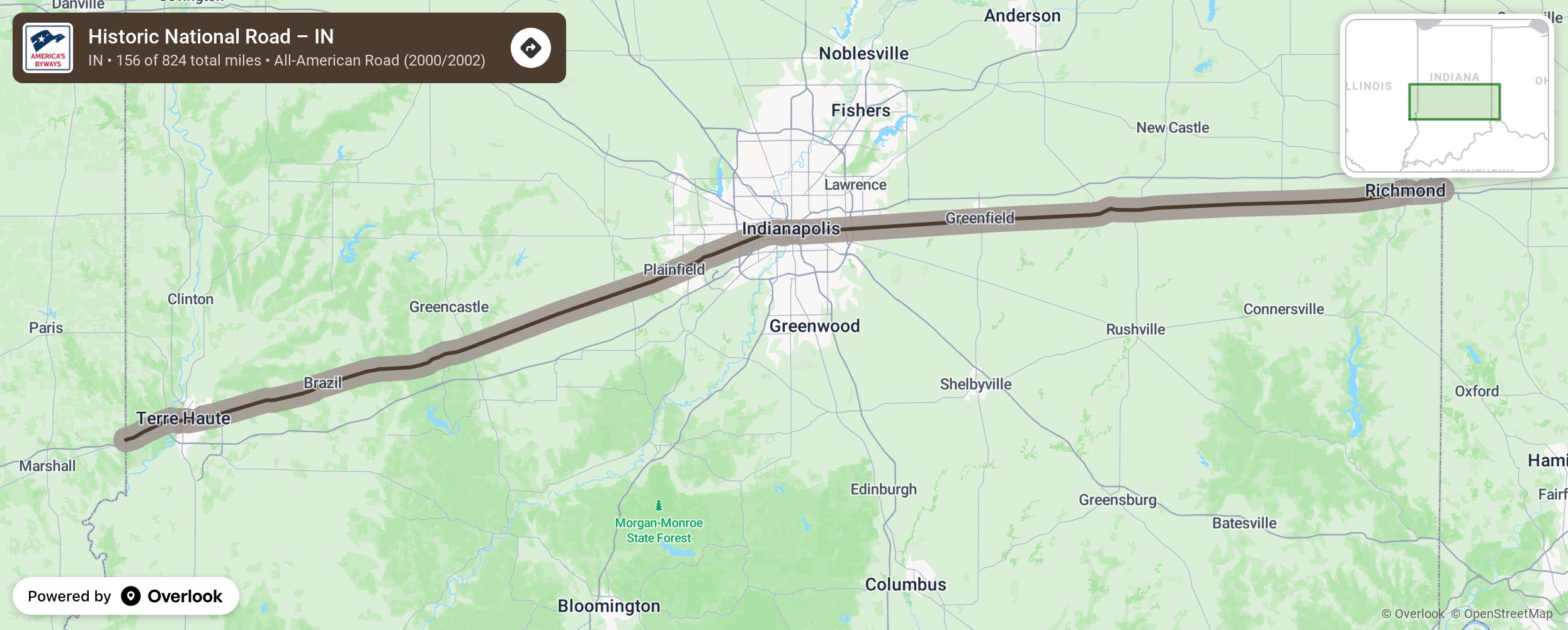 Map of Historic National Road – IN - scenic route