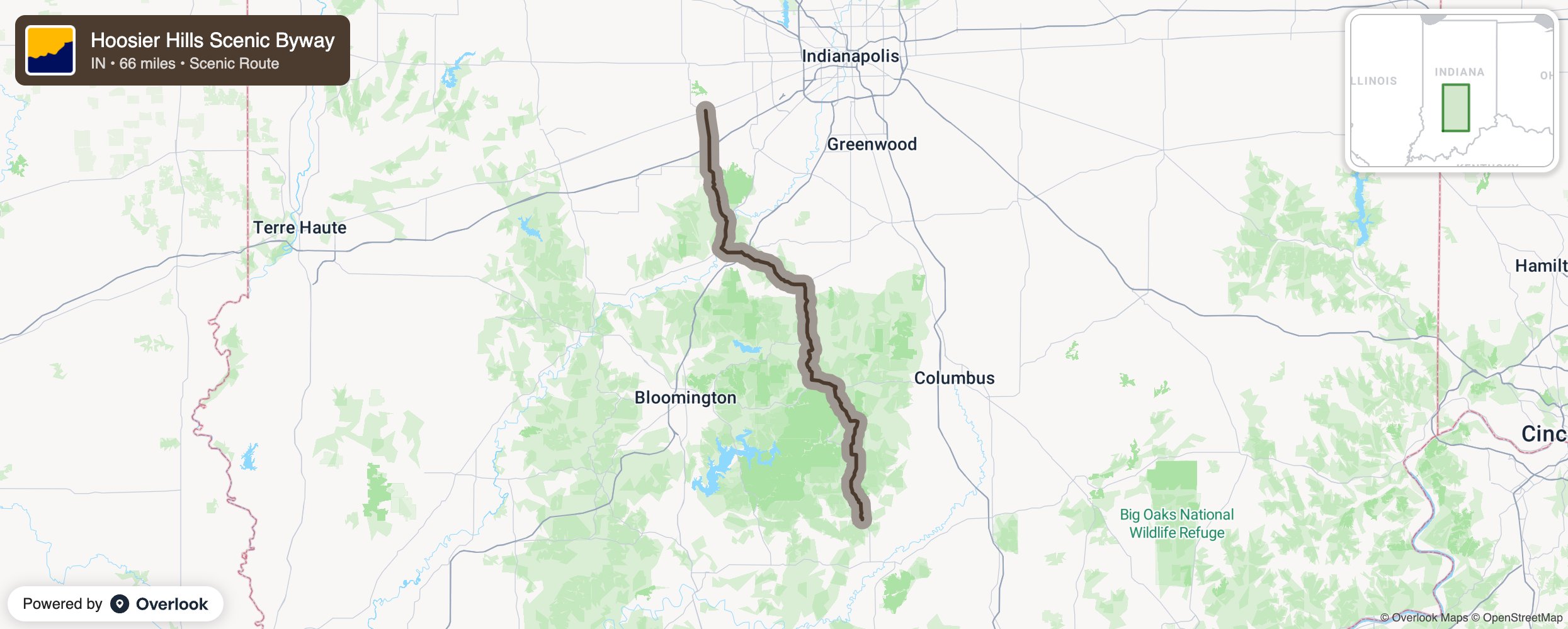 Map of Hoosier Hills Scenic Byway - scenic route