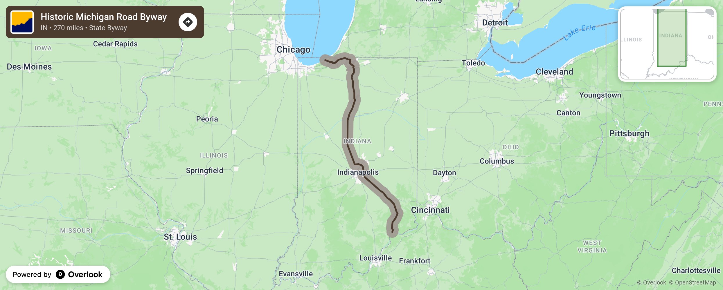 Map of Historic Michigan Road Byway - scenic route