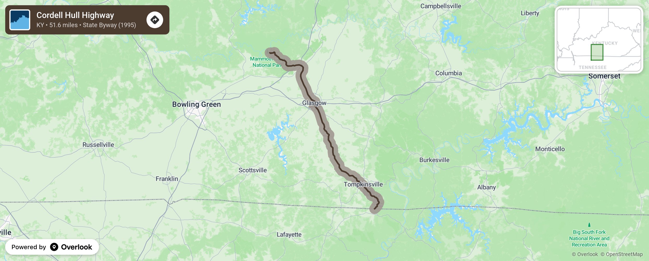 Map of Cordell Hull Highway - scenic route