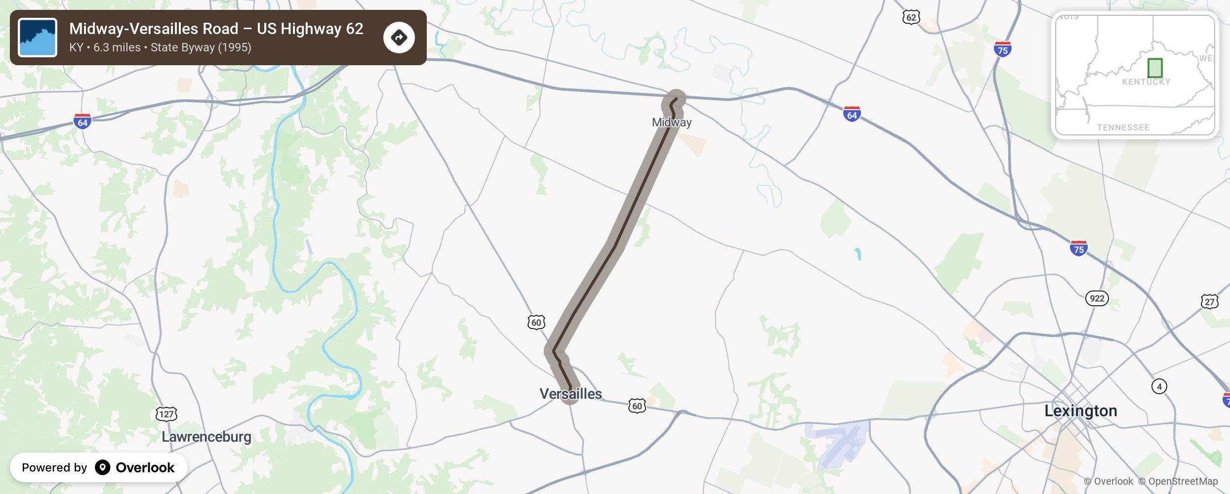 Map of Midway-Versailles Road – US Highway 62 - scenic route