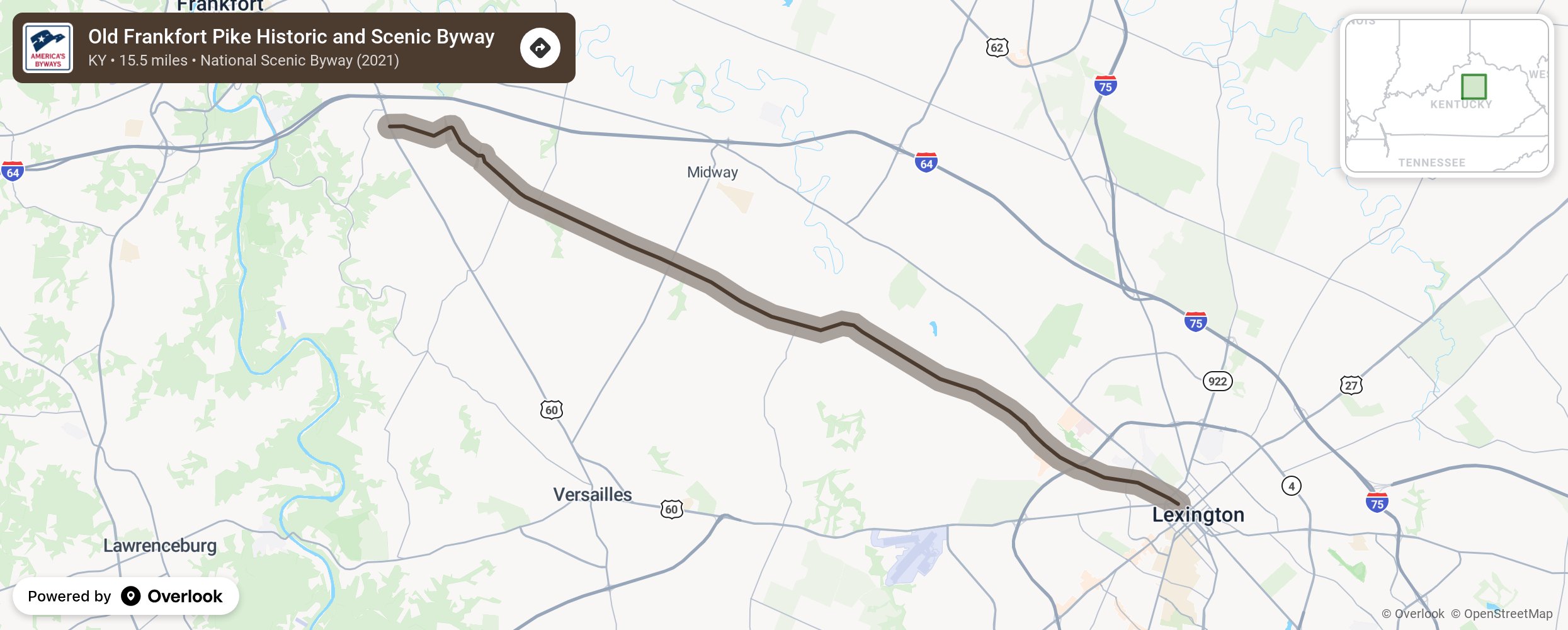 Map of Old Frankfort Pike Historic and Scenic Byway - scenic route