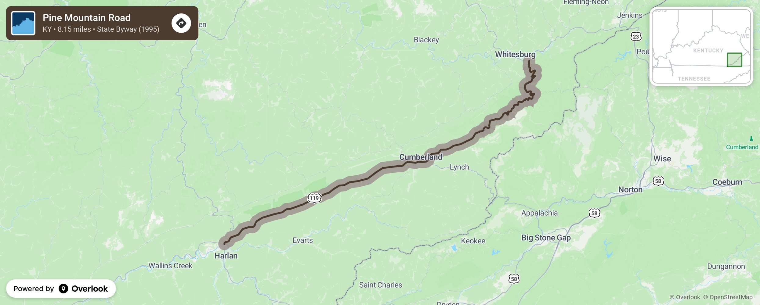 Map of Pine Mountain Road - scenic route