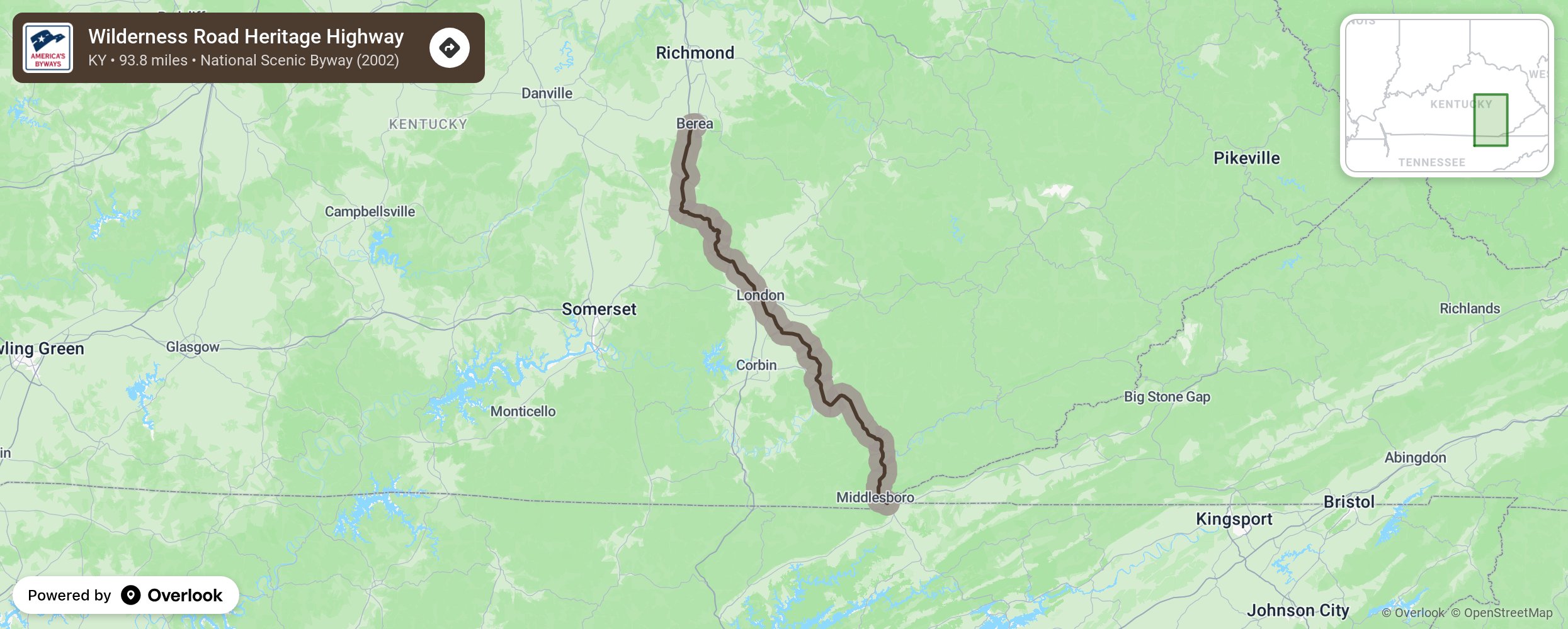 Map of Wilderness Road Heritage Highway - scenic route